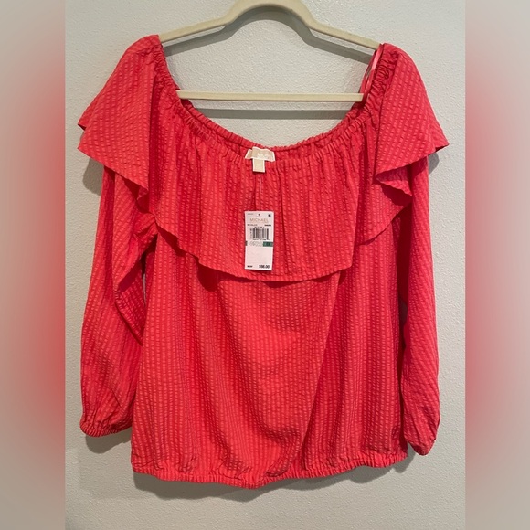 NWT Michael Kors Poplin strip watermelon color blouse. Size 0X - Picture 1 of 7